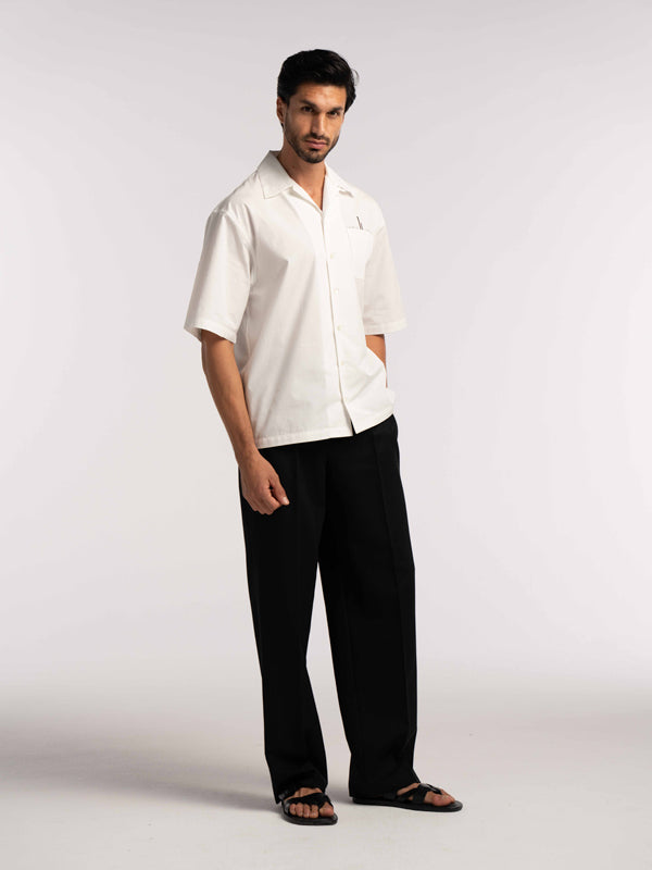 Oversized Bowling Shirt with Chest Logo in White - Lewis James
