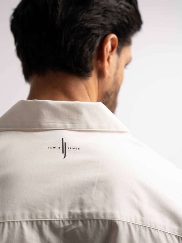 Oversized Bowling Shirt with Chest Logo in White - Lewis James