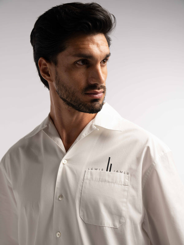 Oversized Bowling Shirt with Chest Logo in White - Lewis James