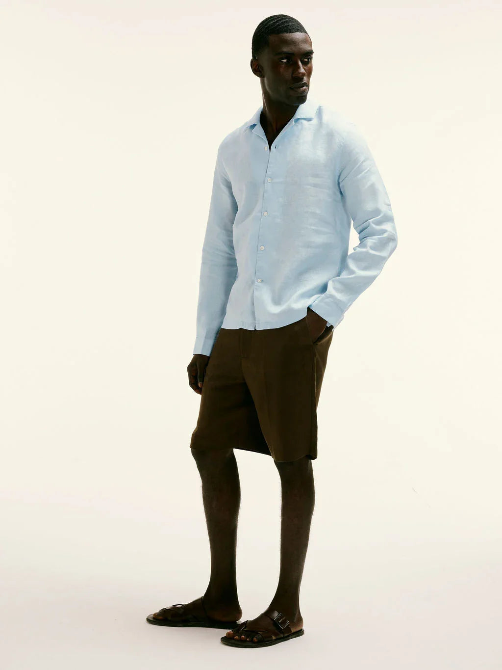 Arista Linen Cuban-Collar Shirt Celeste Blue