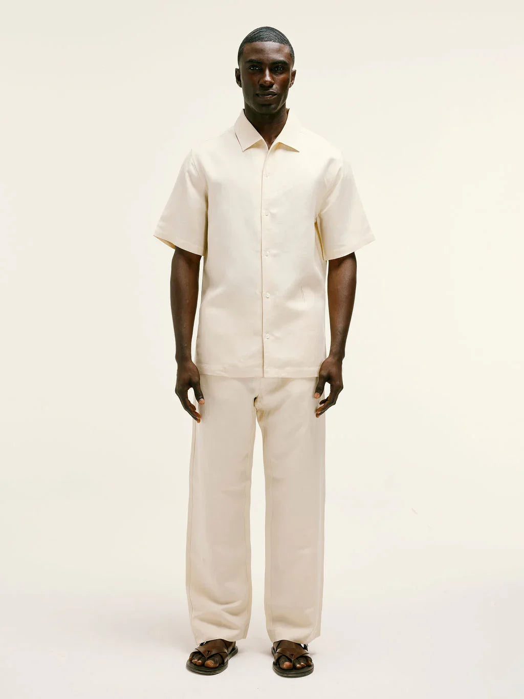 Short-Sleeve Linen-Viscose Shirt In Bleached Sand
