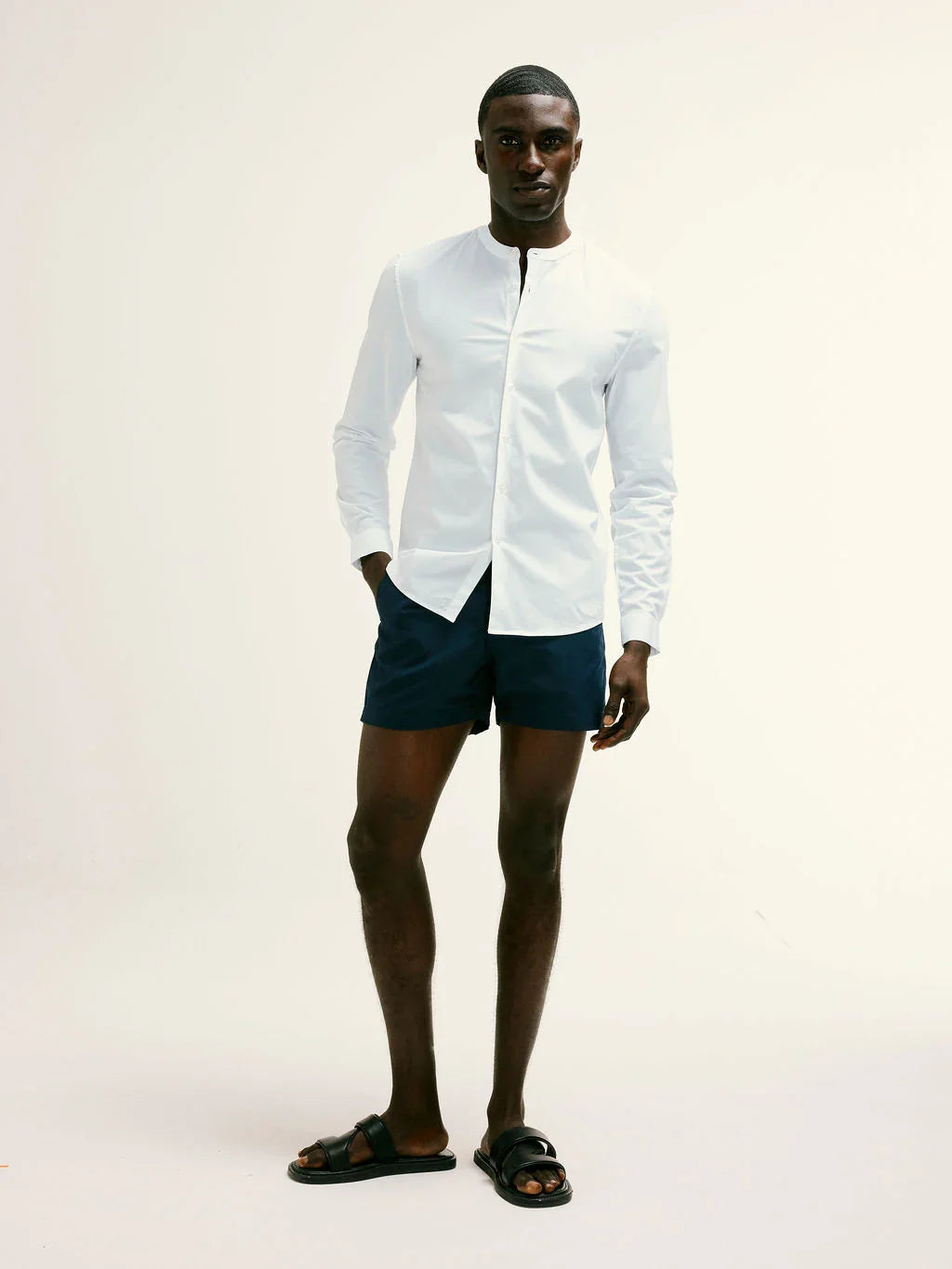 Regent Poplin Grandad-Collar Shirt in Glacier White