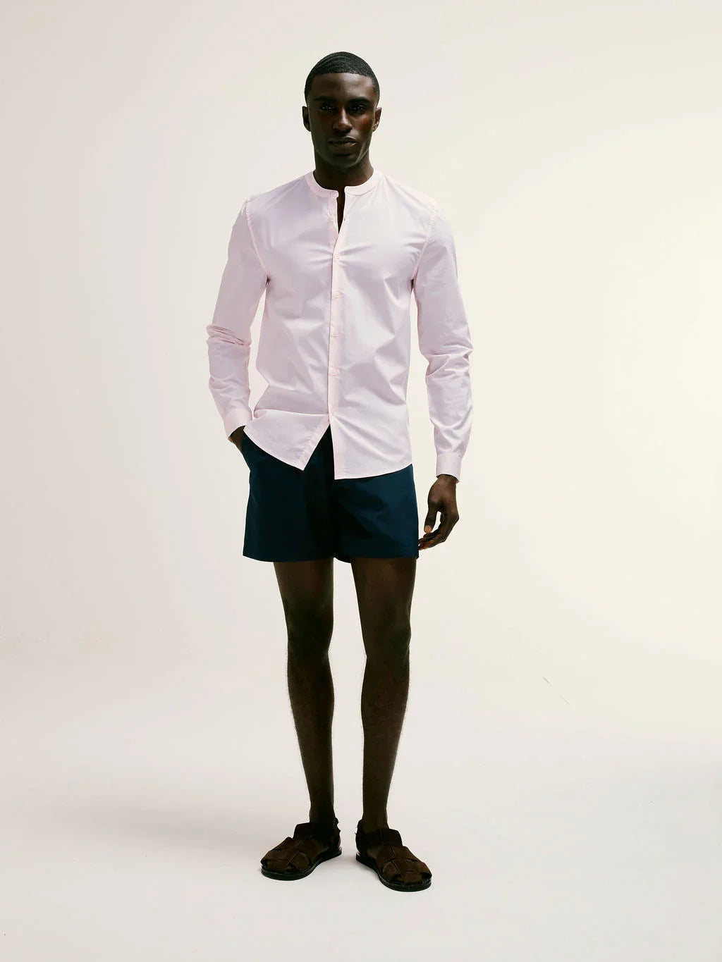 Regent Poplin Grandad-Collar Shirt in dusty pink