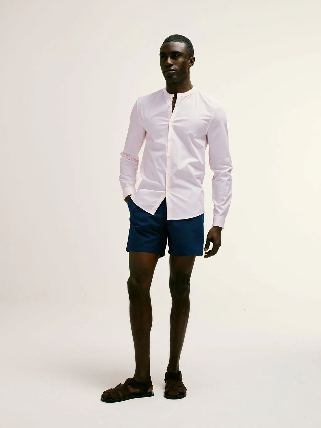 Regent Poplin Grandad-Collar Shirt in dusty pink