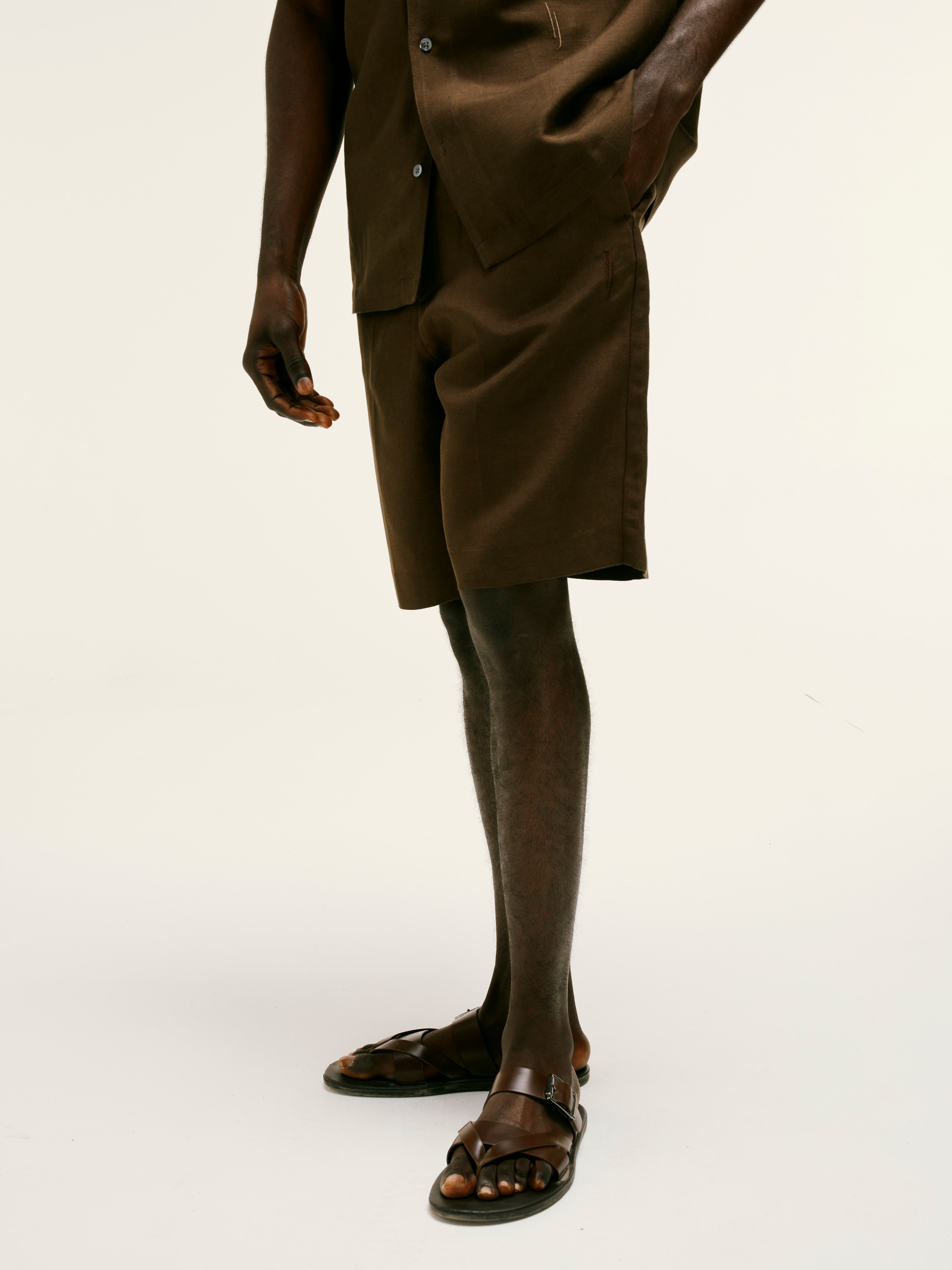 Brown Linen Pleated Shorts