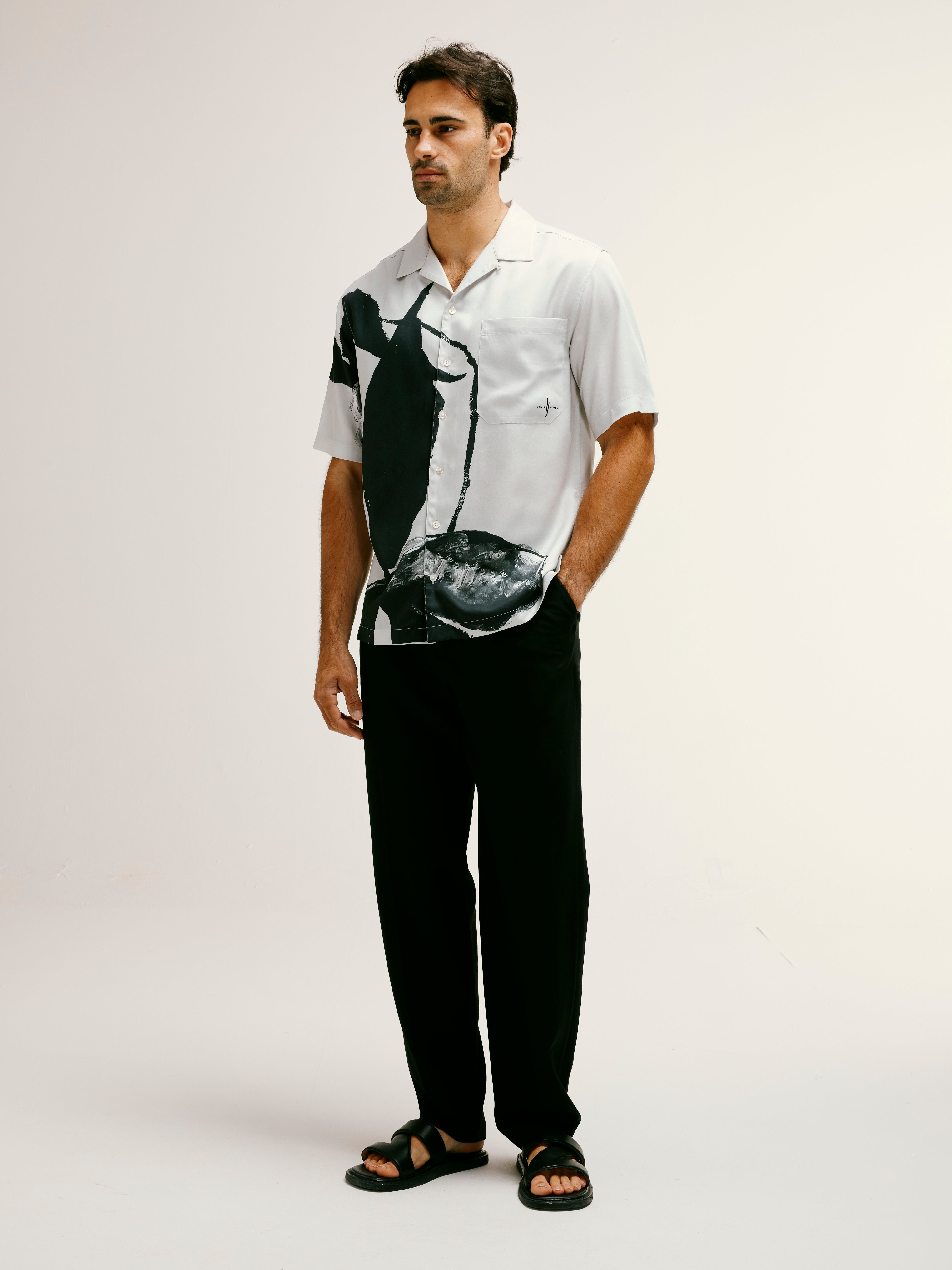 Iris Floral Printed Tencel Shirt in Black and White