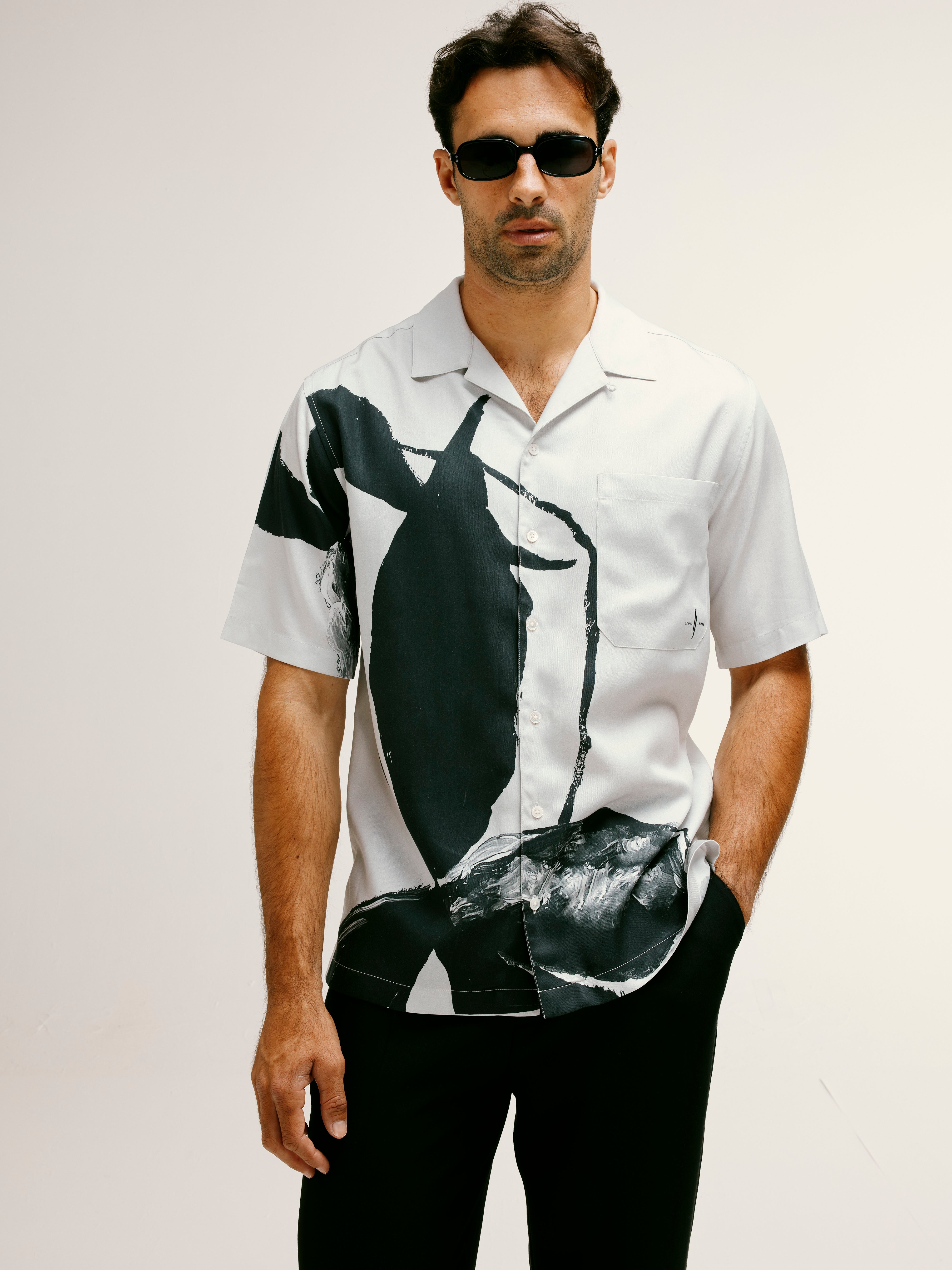 Iris Floral Printed Tencel Shirt in Black and White