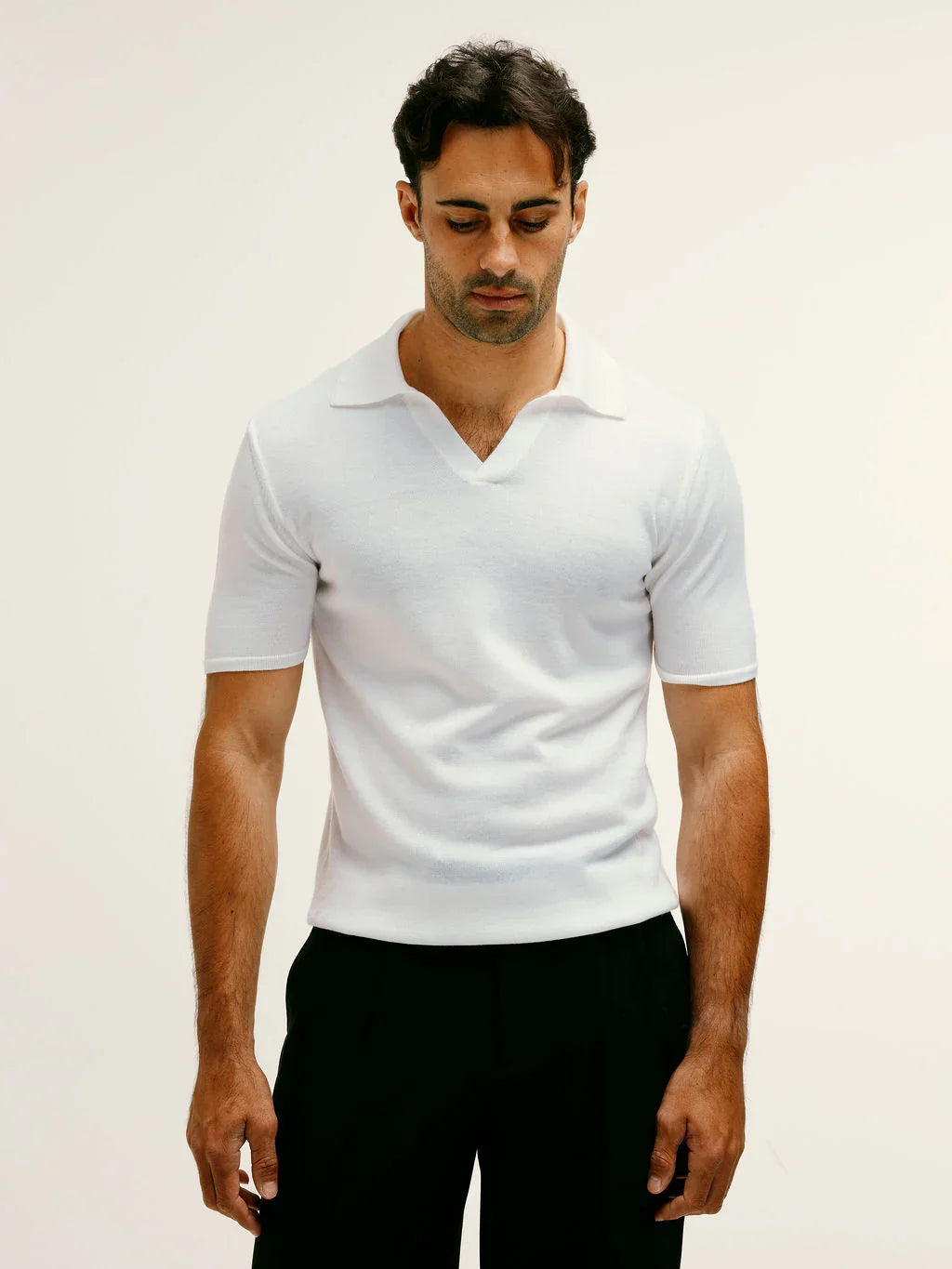 Extra Fine Merino Wool Polo With Embroidery Detail in Off White