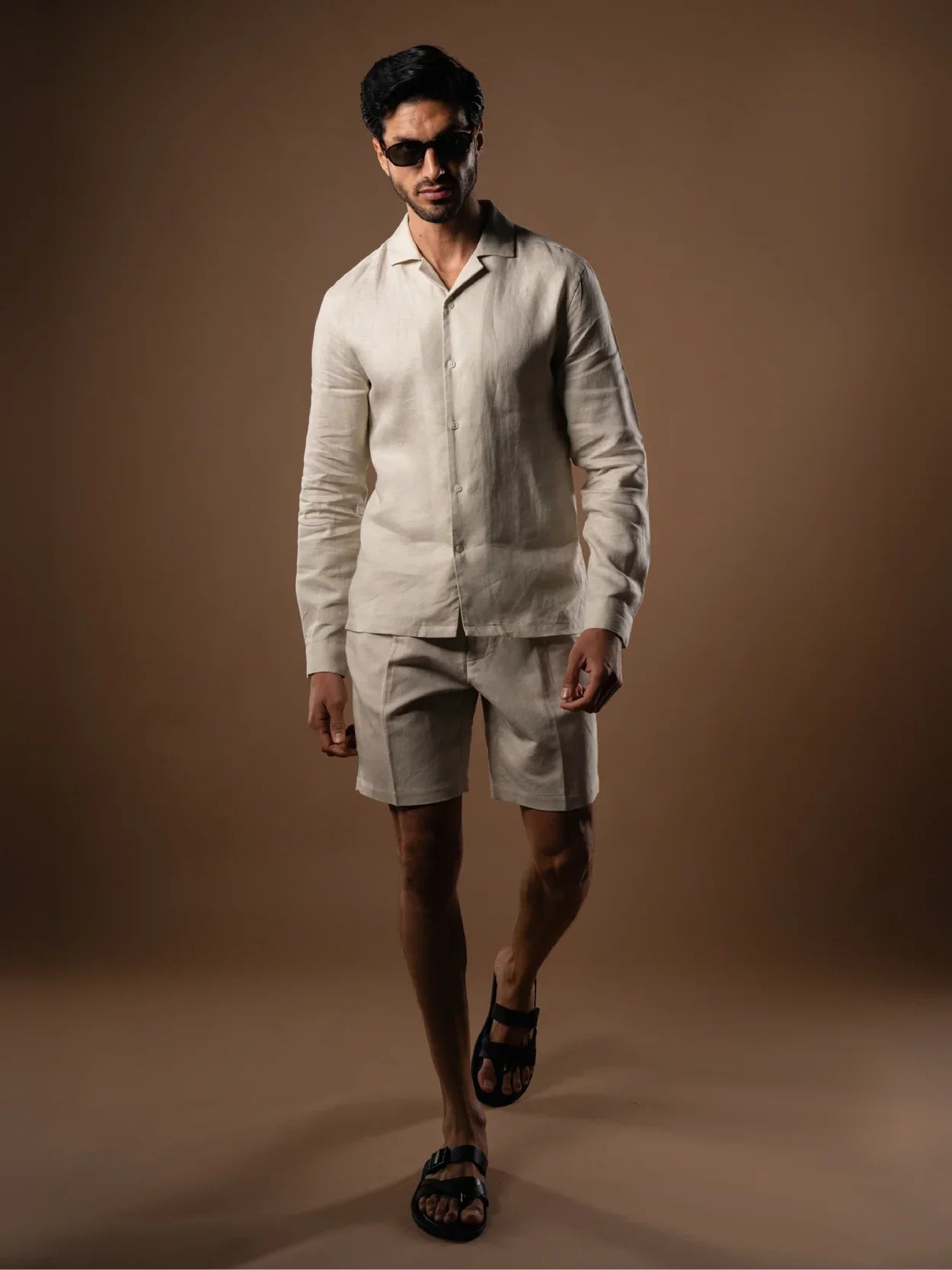 Arista Linen Cuban - Collar Shirt in Monte Stone - Lewis James