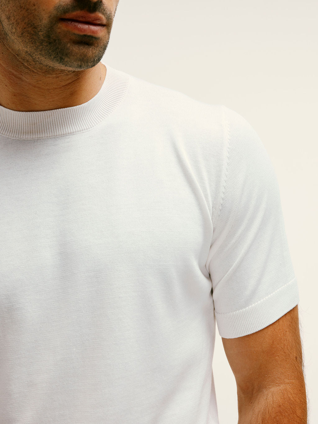 Cotton - Silk Blend Premium Knitted T-Shirt in Ecru - Lewis James