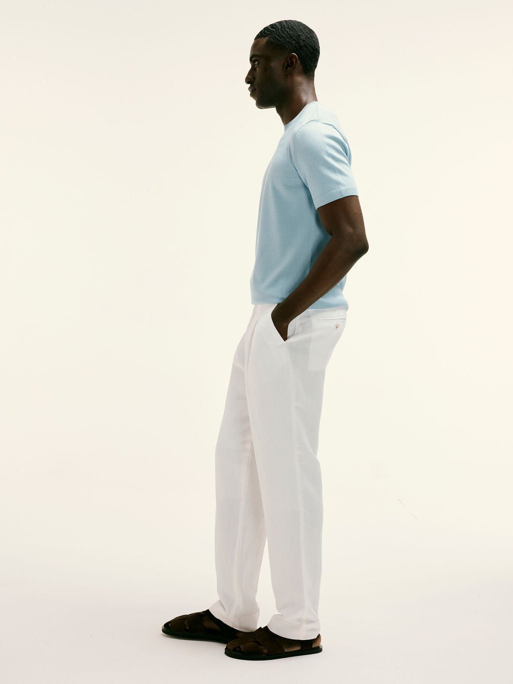 Cotton - silk classic fit Knitted T-Shirt in Blue - Lewis James
