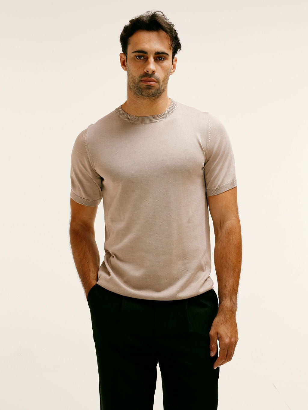 Cotton - silk classic fit Knitted T-Shirt in Taupe - Lewis James