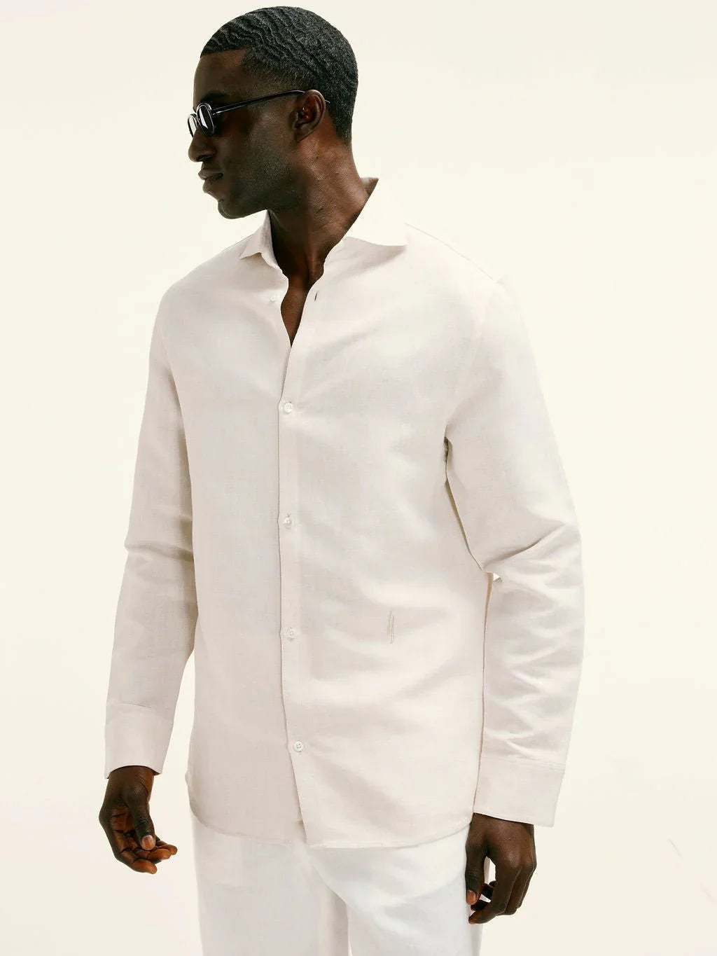 Cutaway Collar Linen - viscose Shirt in Natural Taupe - Lewis James