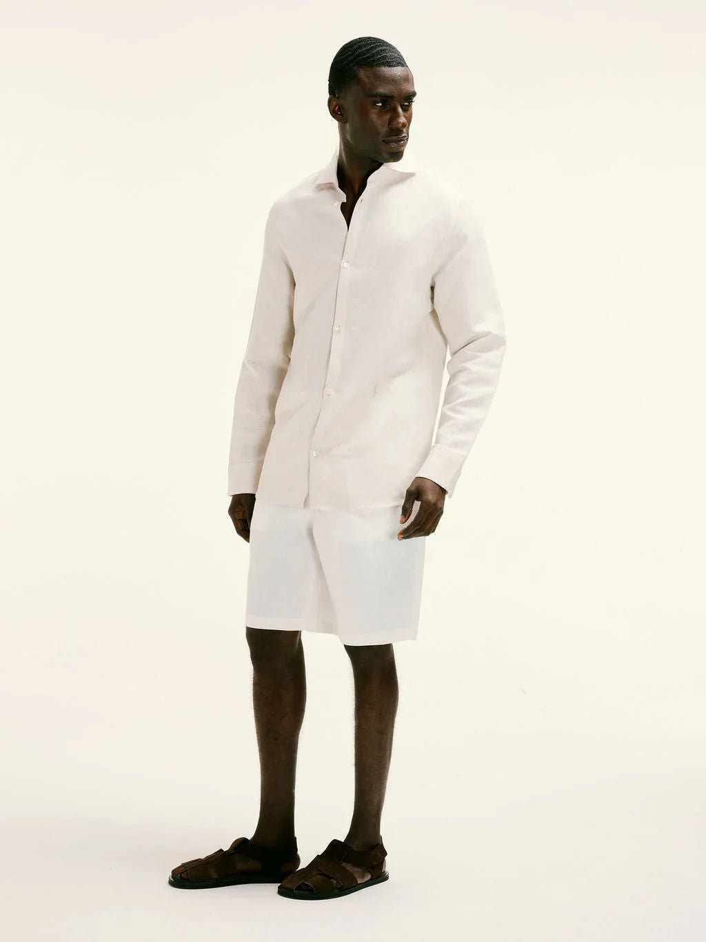 Cutaway Collar Linen - viscose Shirt in Natural Taupe - Lewis James