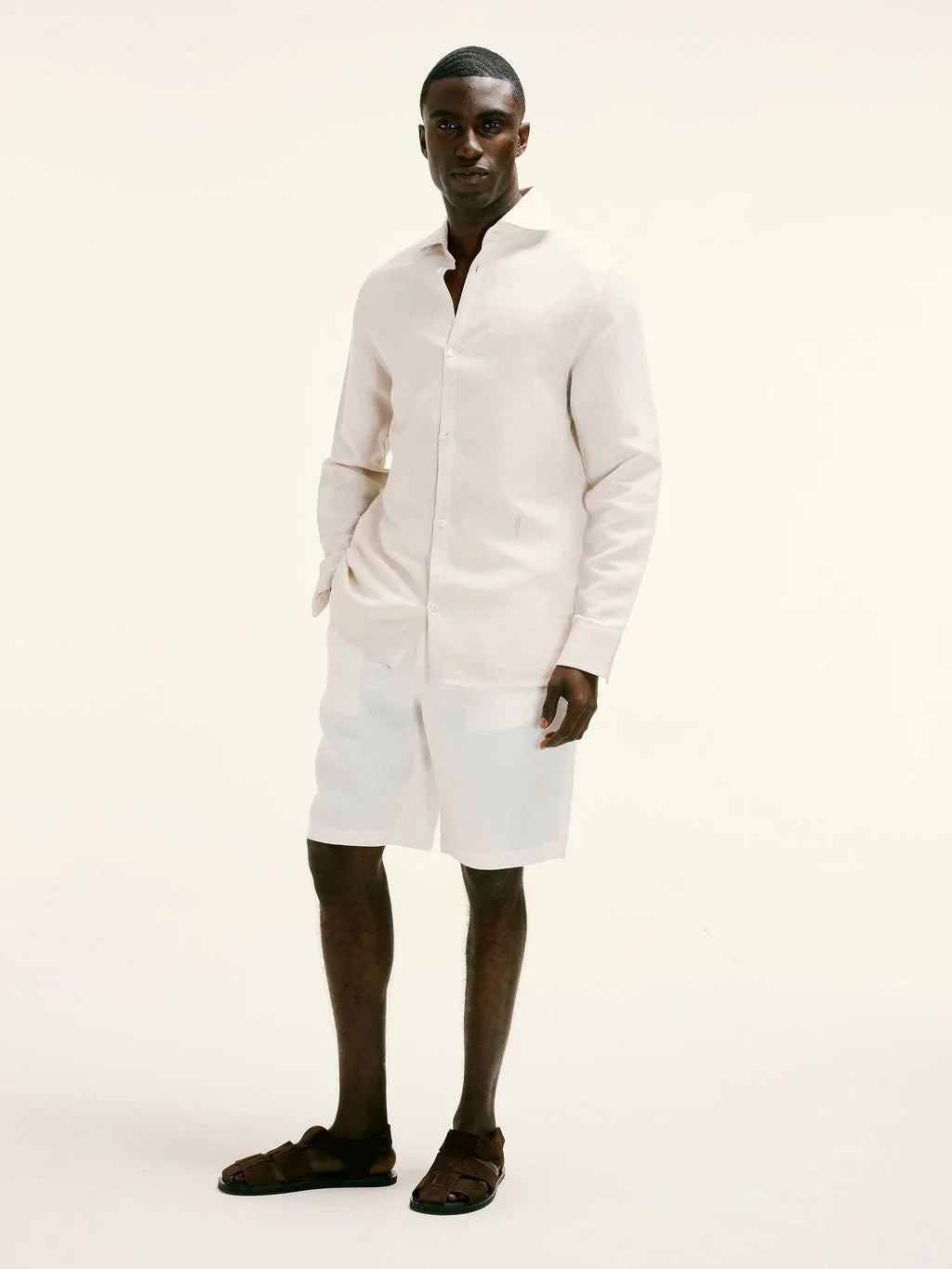 Cutaway Collar Linen - viscose Shirt in Natural Taupe - Lewis James