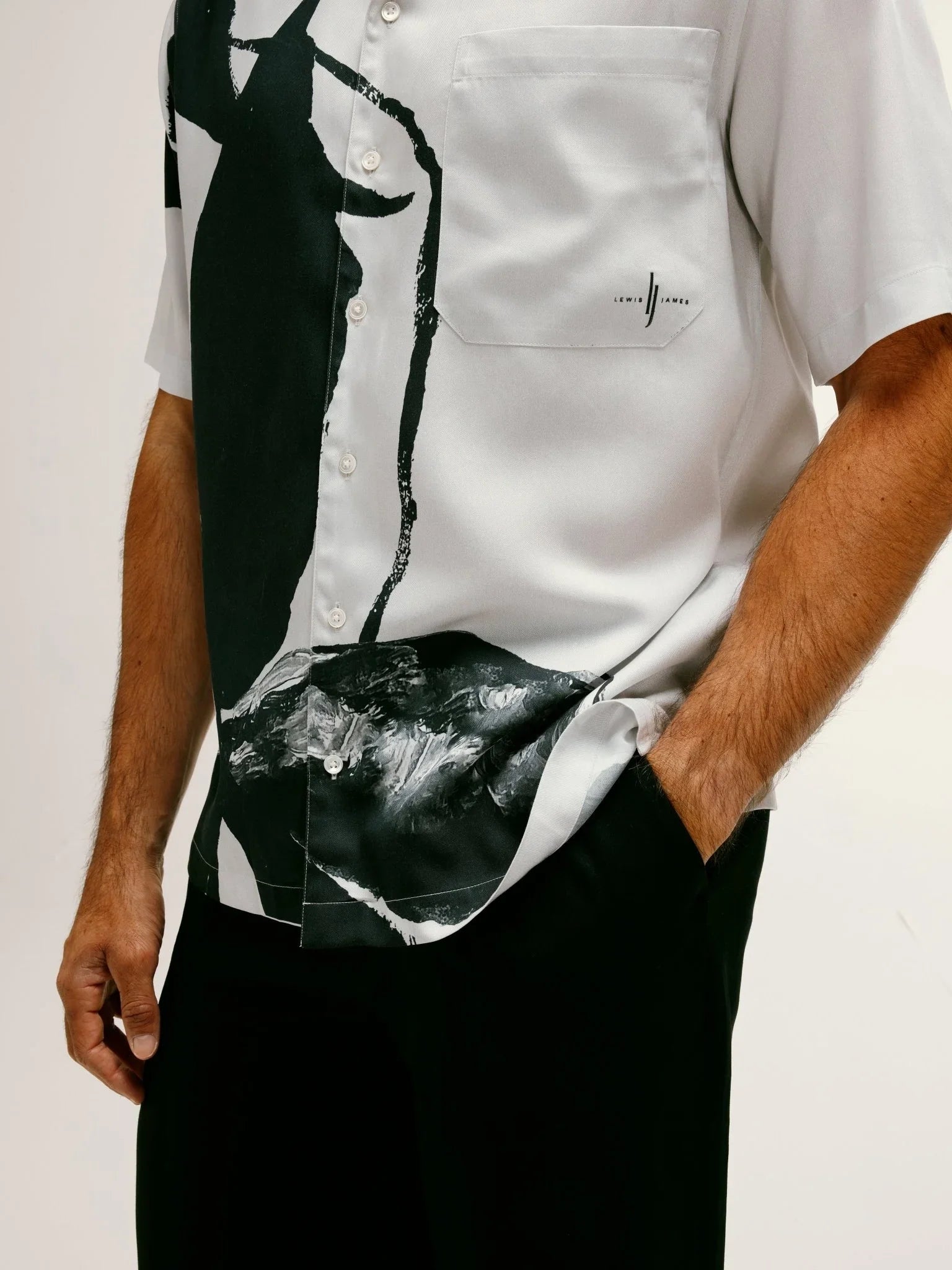 Iris Floral Printed Tencel Shirt in Black & White - Lewis James