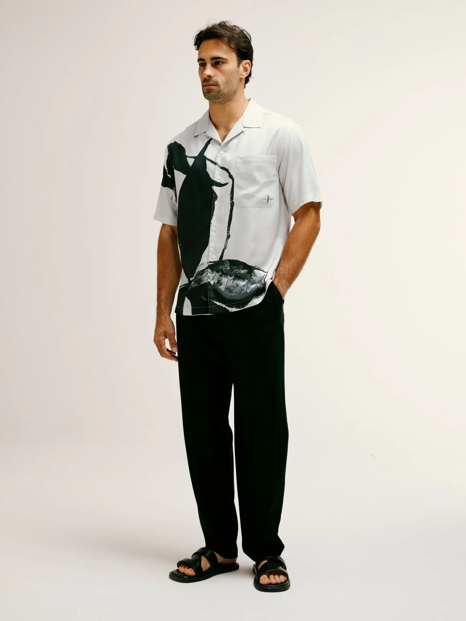 Iris Floral Printed Tencel Shirt in Black & White - Lewis James