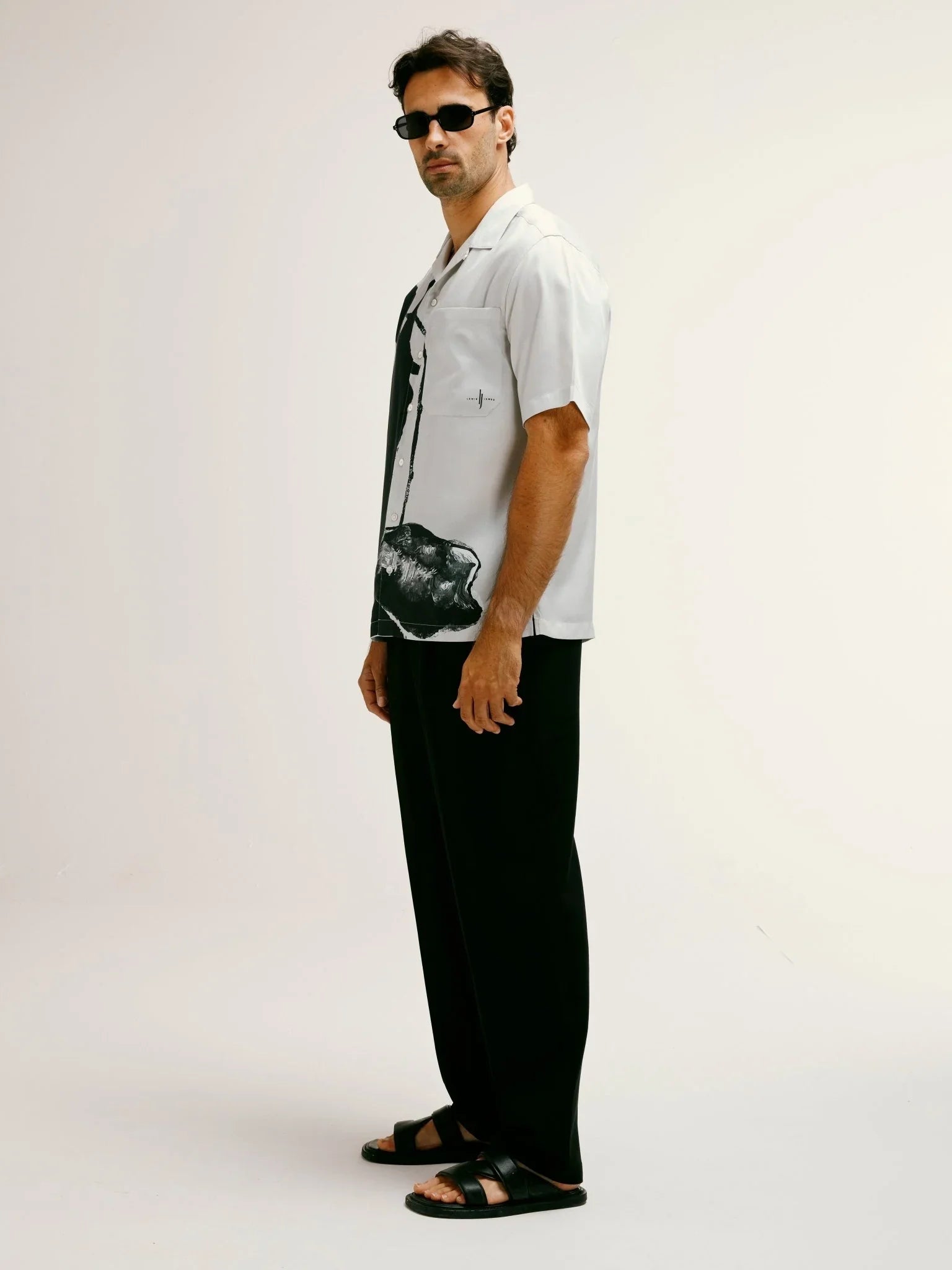 Iris Floral Printed Tencel Shirt in Black & White - Lewis James