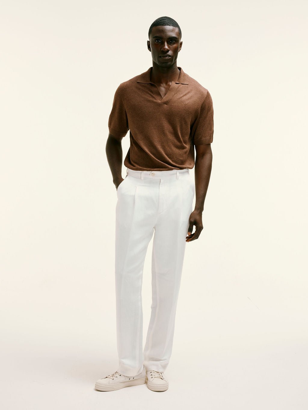 Linen - Silk Open - Collar Polo in Brown - Lewis James