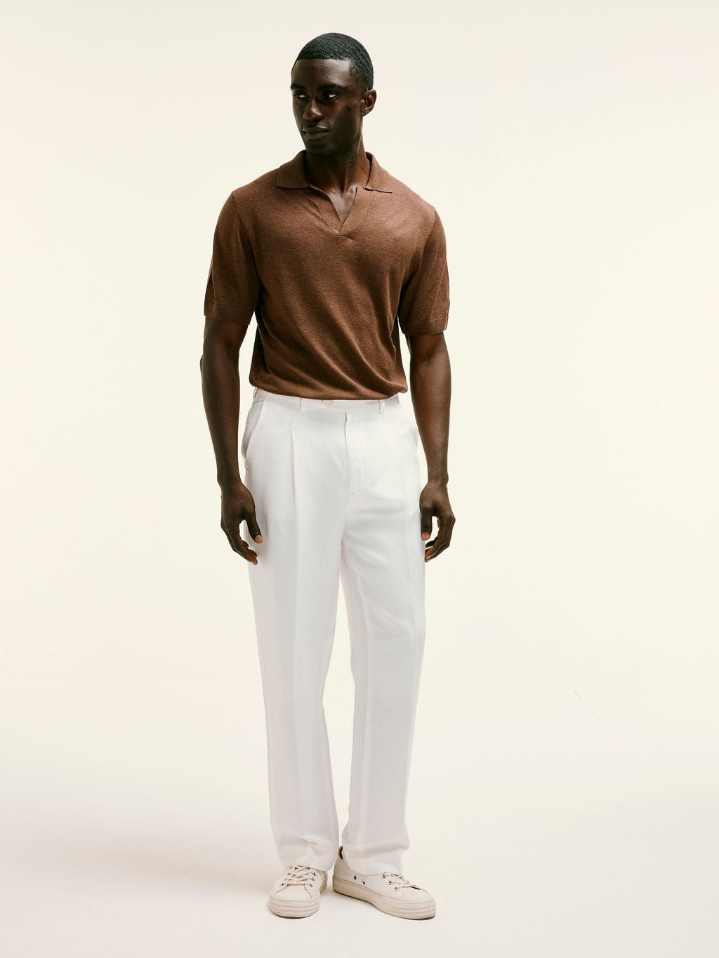Linen - Silk Open - Collar Polo in Brown - Lewis James