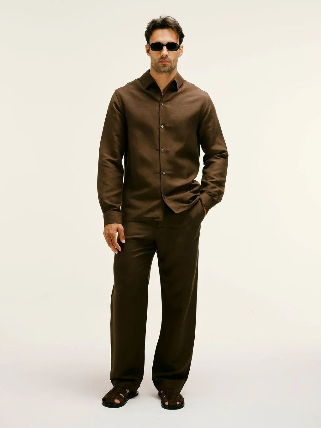 Long Sleeve Linen - Viscose Shirt in Chocolate Brown - Lewis James