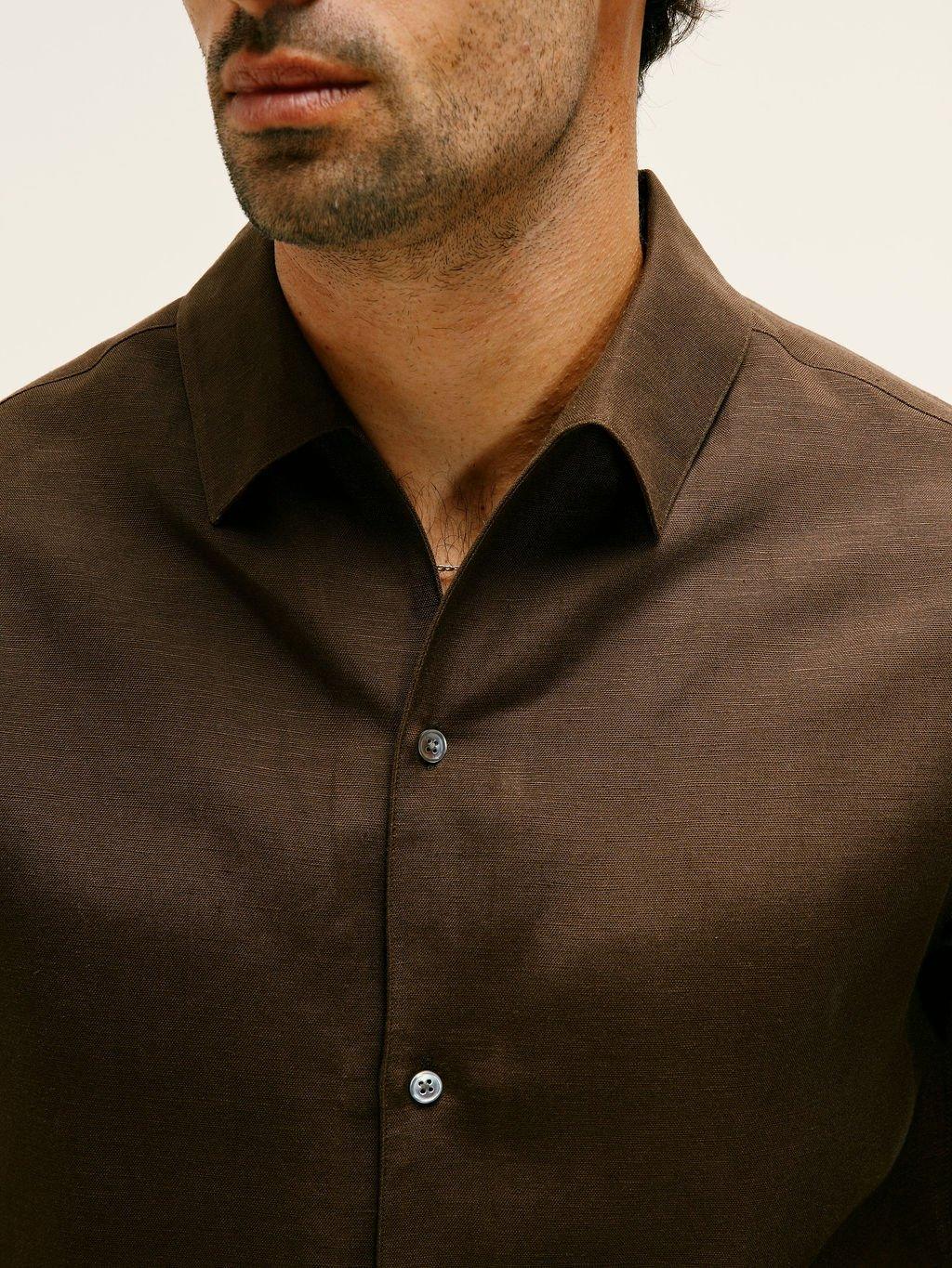 Long Sleeve Linen - Viscose Shirt in Chocolate Brown - Lewis James