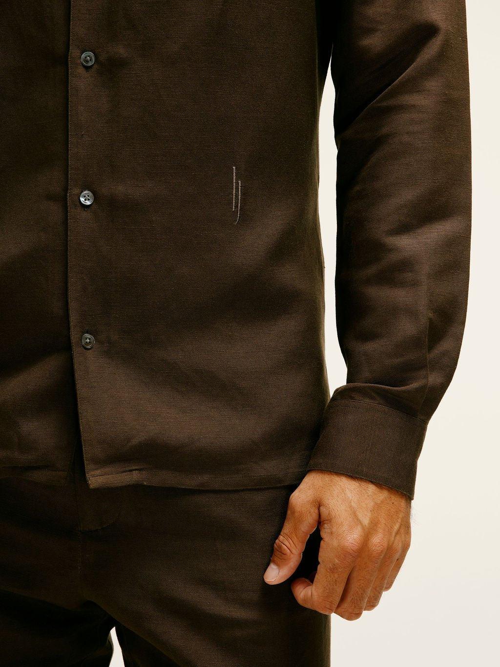 Long Sleeve Linen - Viscose Shirt in Chocolate Brown - Lewis James