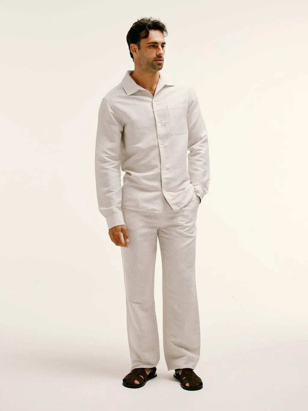 Long - Sleeve Linen - Viscose Shirt with chest pocket in Natural taupe - Lewis James