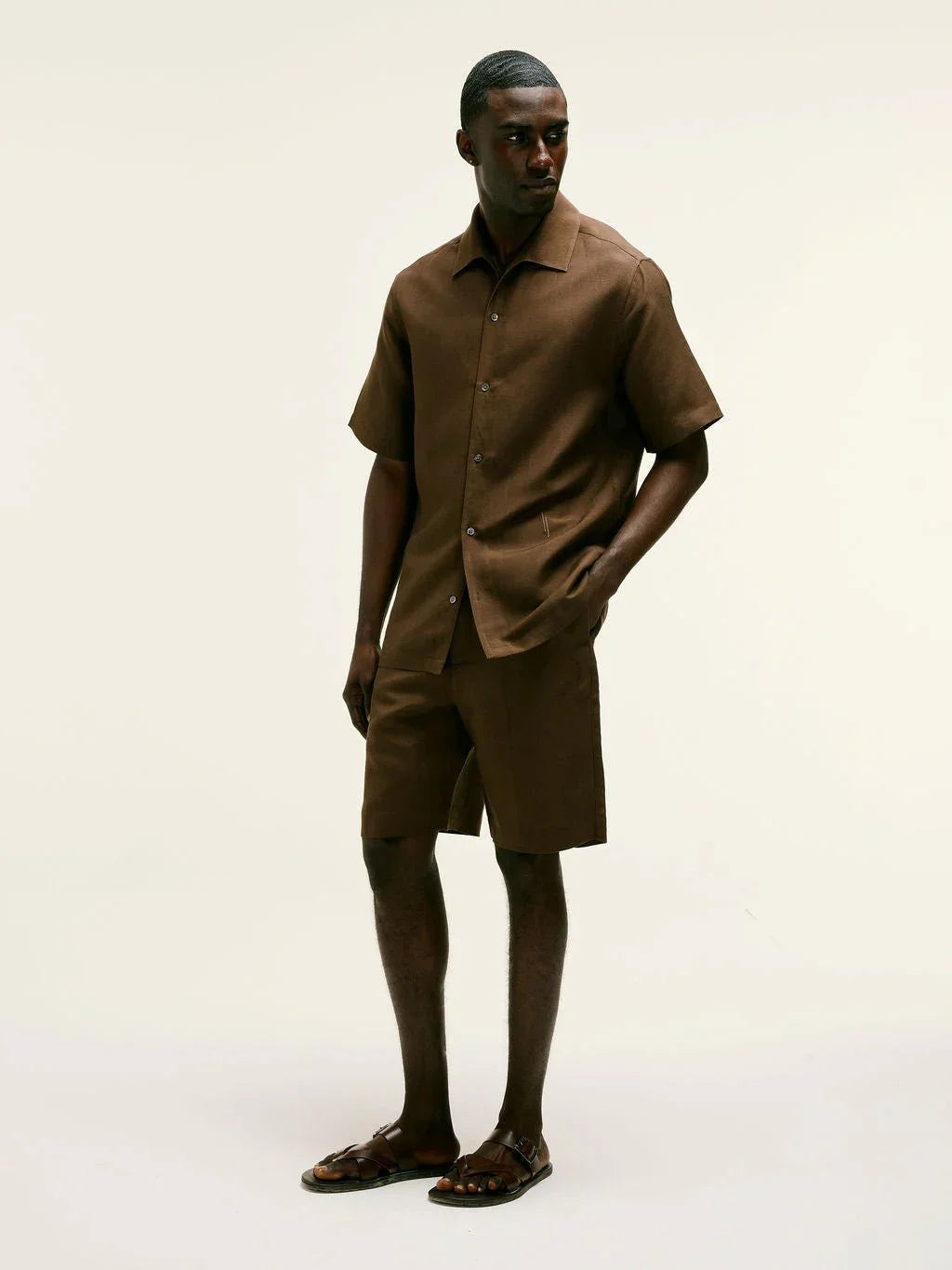 Short - Sleeve Linen - Viscose Shirt in Chocolate Brown - Lewis James