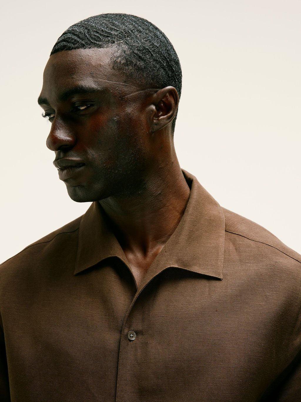 Short - Sleeve Linen - Viscose Shirt in Chocolate Brown - Lewis James