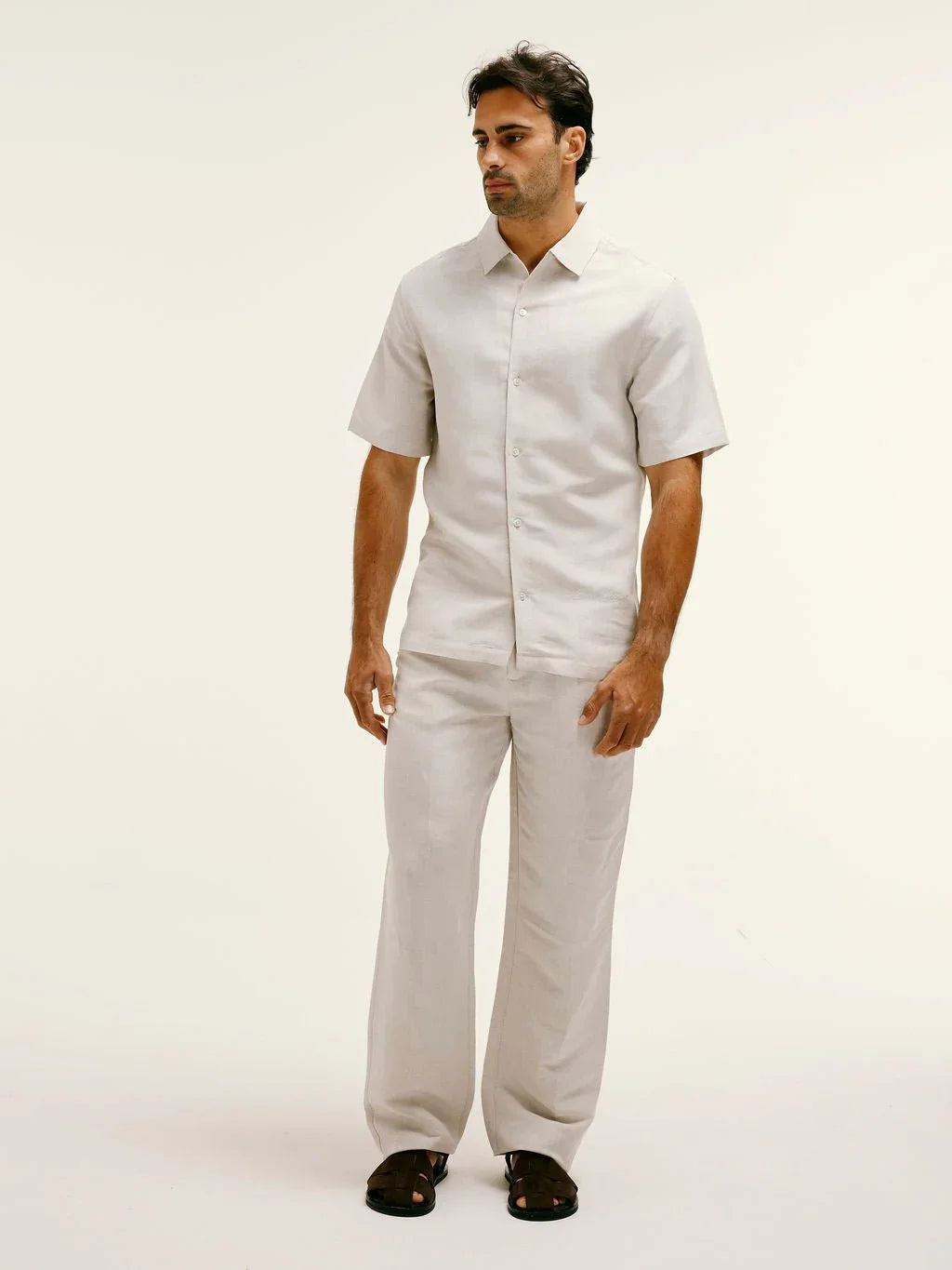 Short - Sleeve Linen - Viscose Shirt in Natural Taupe - Lewis James