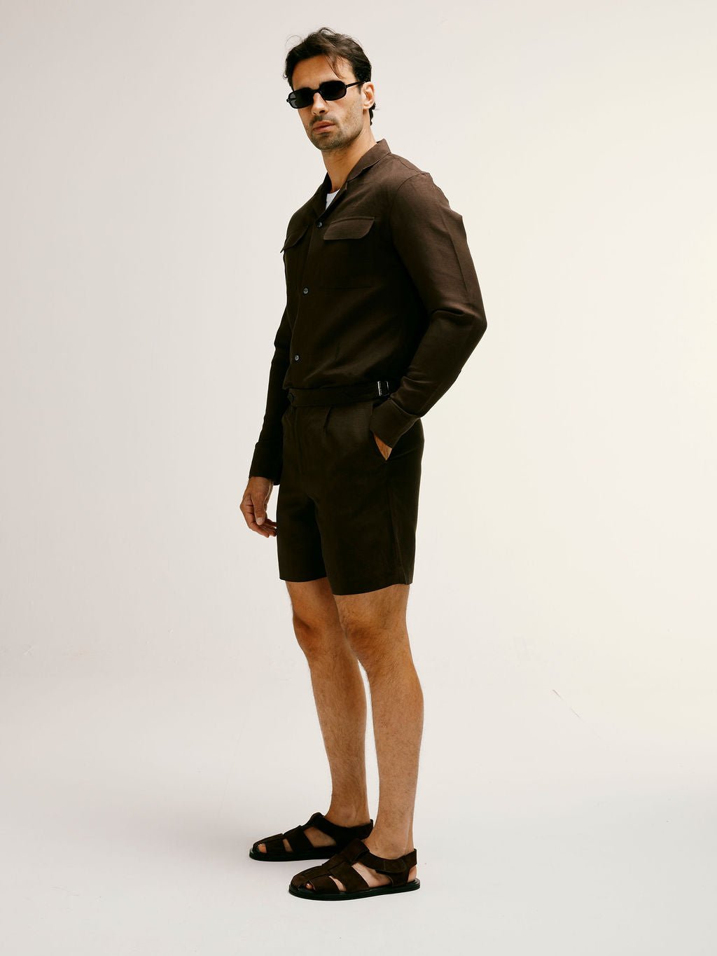 Smart Pleated Linen Blend Shorts in Brown - Lewis James