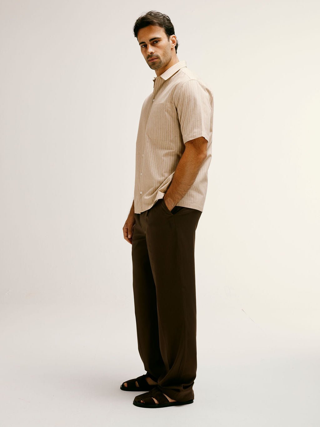 Villa Pinstripe Embroidered Shirt in Brown - Lewis James