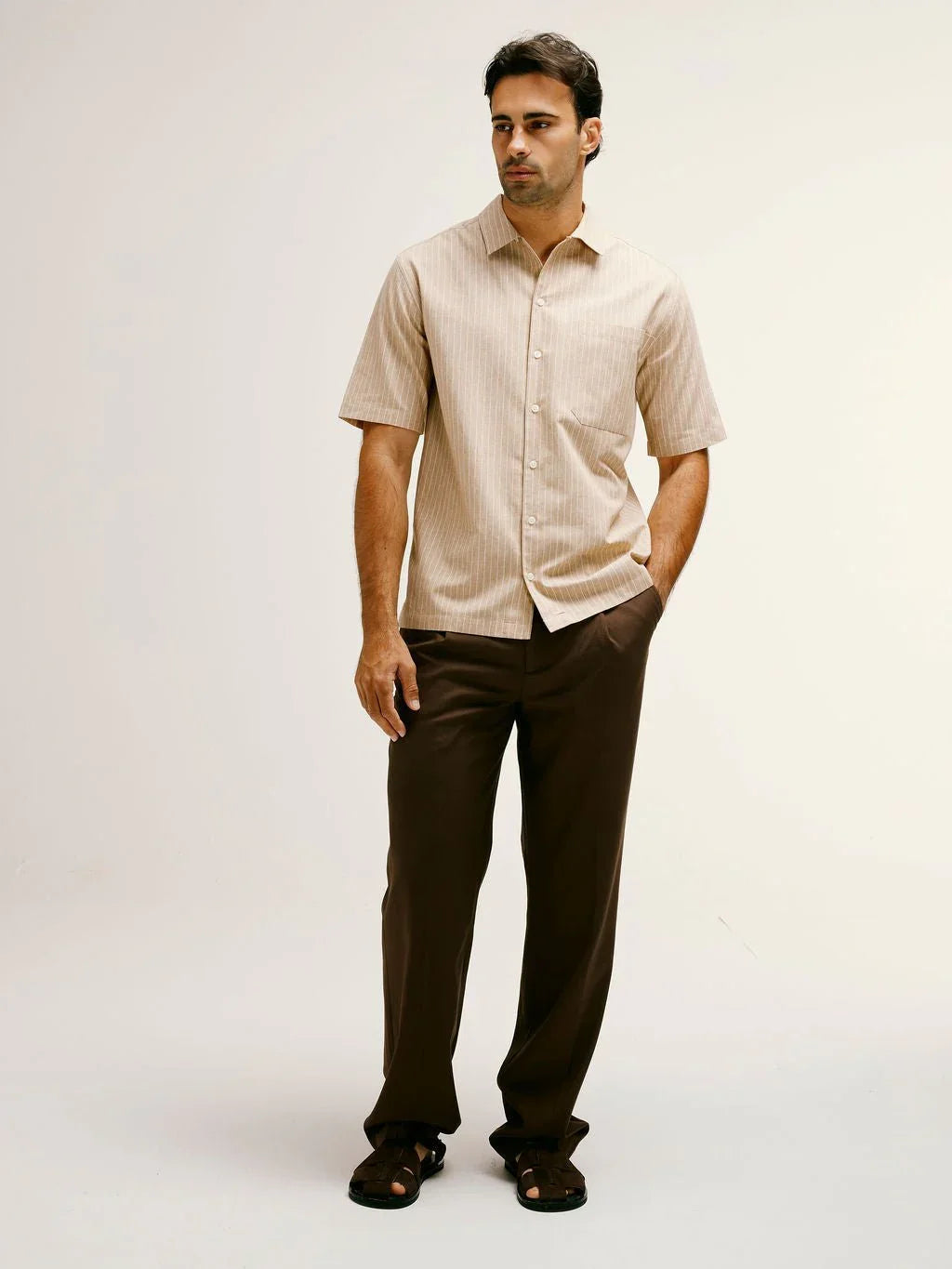 Villa Pinstripe Embroidered Shirt in Brown - Lewis James