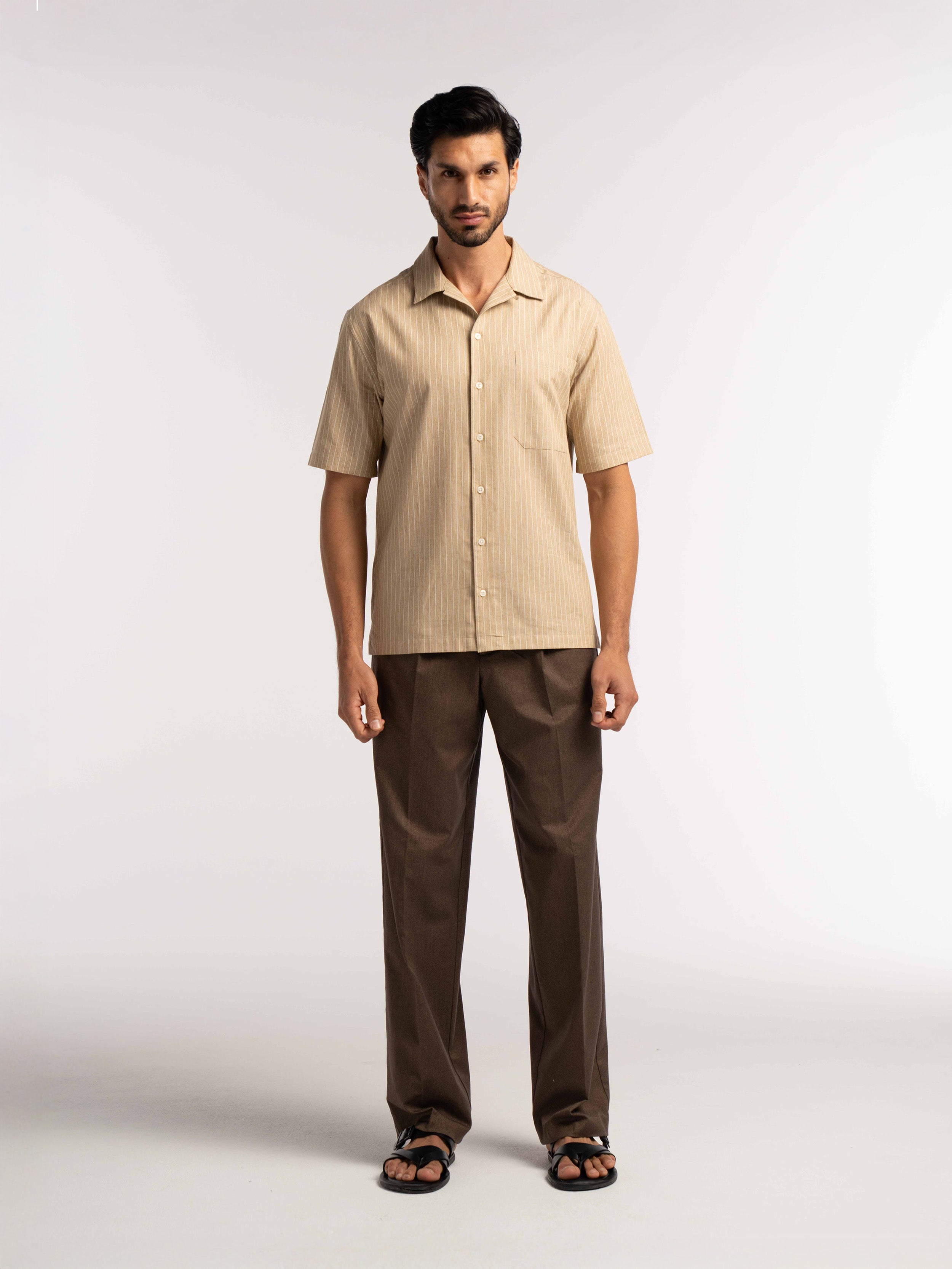 Villa Pinstripe Embroidered Shirt in Brown