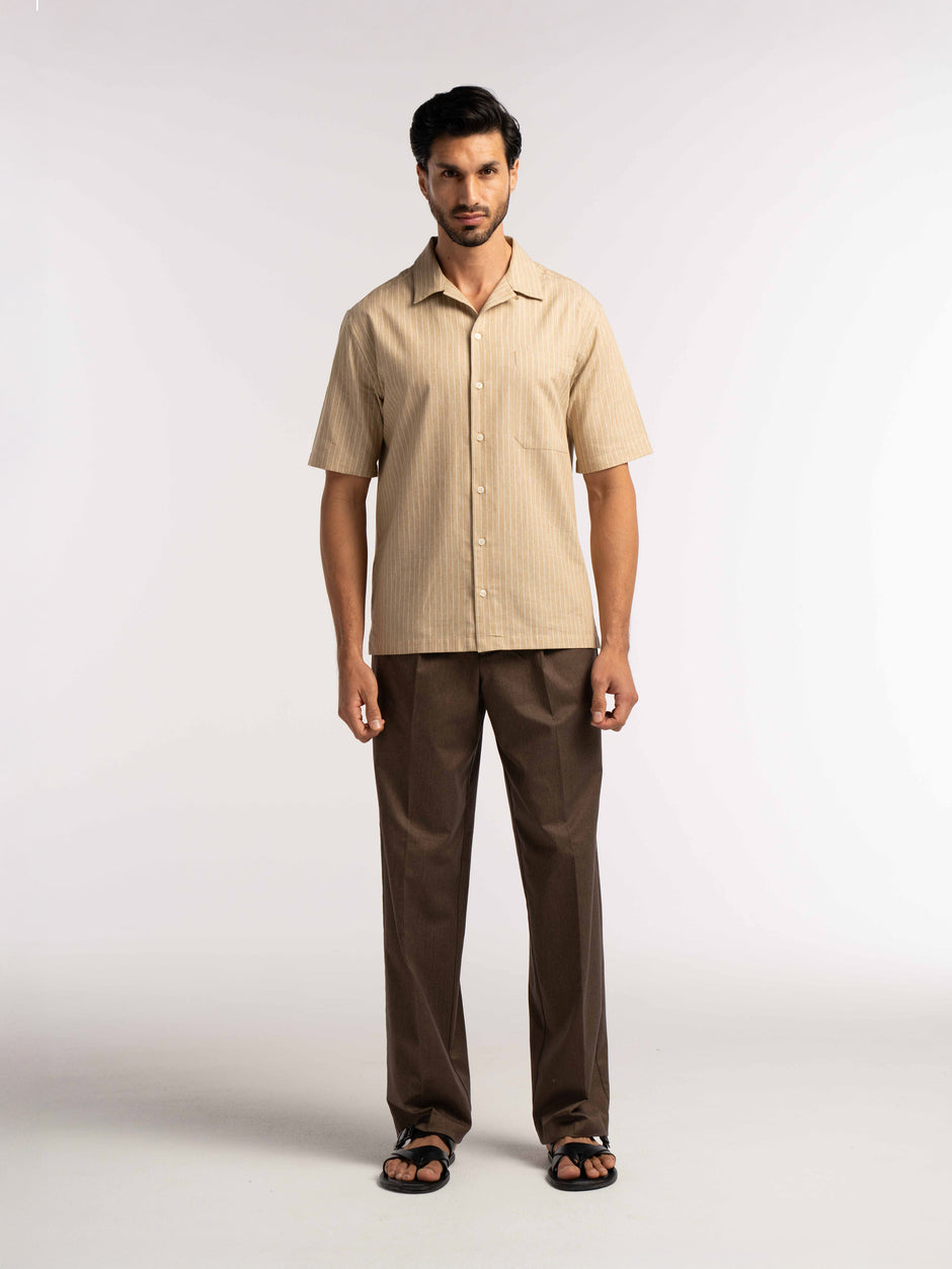 Villa Pinstripe Embroidered Shirt in Brown