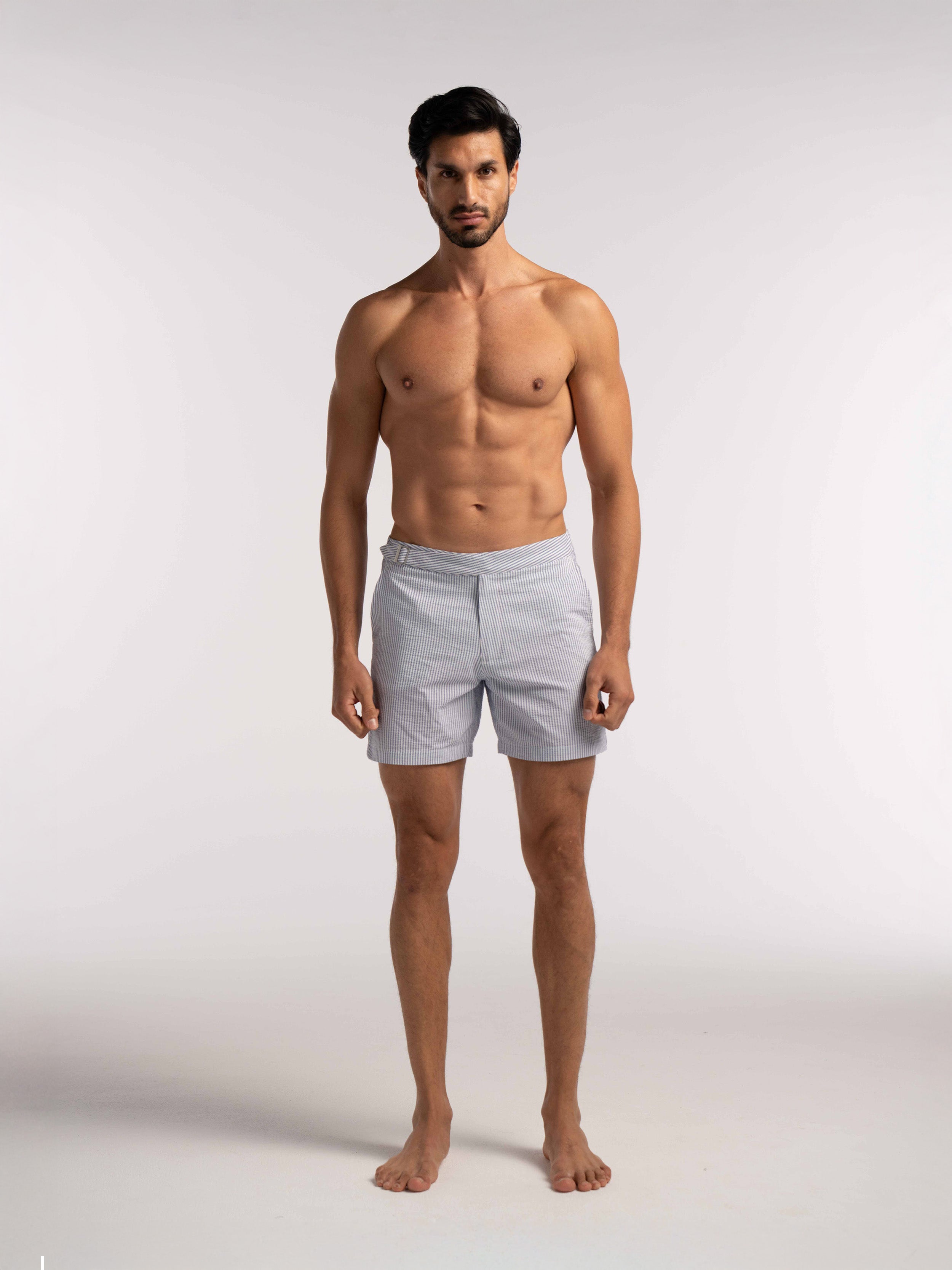 Blue Seersucker Striped Smart Half Elasticated Swimshorts