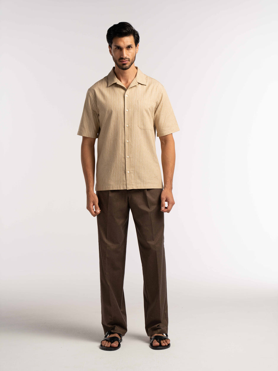 Villa Pinstripe Embroidered Shirt in Brown