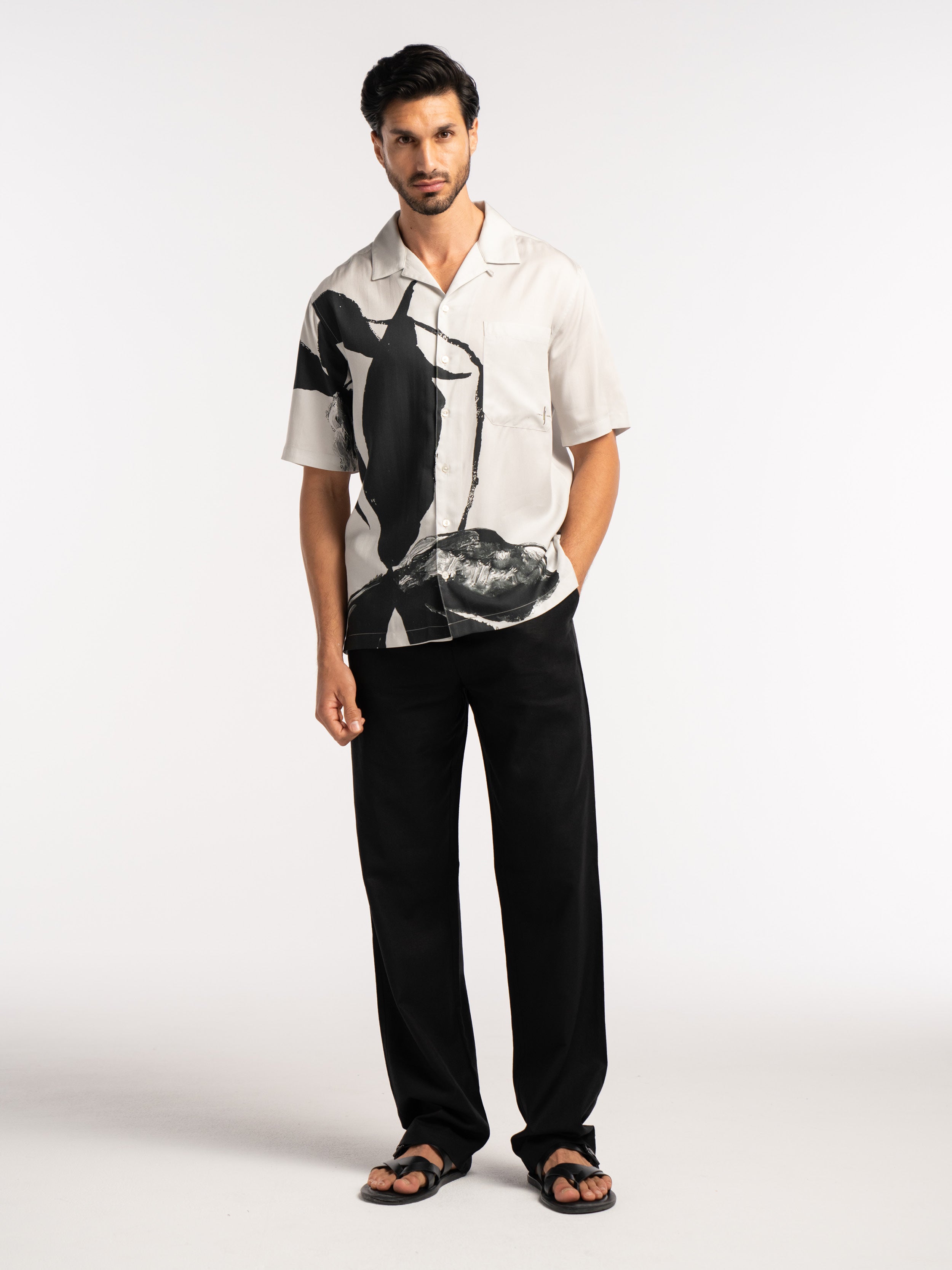 Iris Floral Printed Tencel Shirt in Black and White