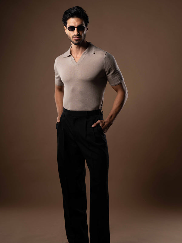 Extra Fine Merino Wool Polo in Taupe - Lewis James 