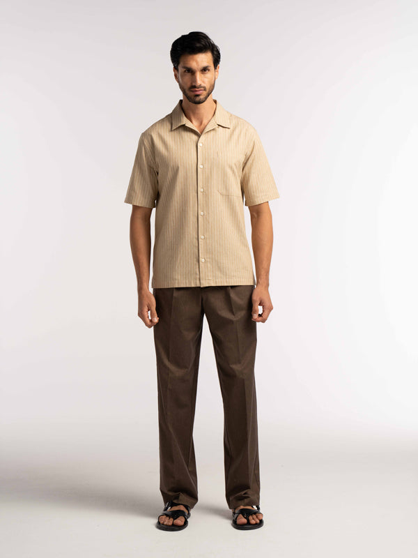 Villa Pinstripe Embroidered Shirt in Brown - Lewis James 