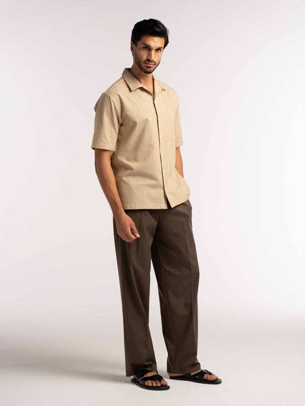 Villa Pinstripe Embroidered Shirt in Brown