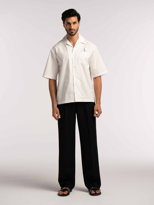 Oversized Bowling Shirt with Chest Logo in White - Lewis James 