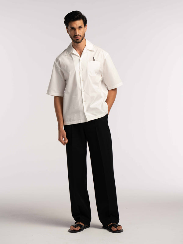 Oversized Bowling Shirt with Chest Logo in White - Lewis James 