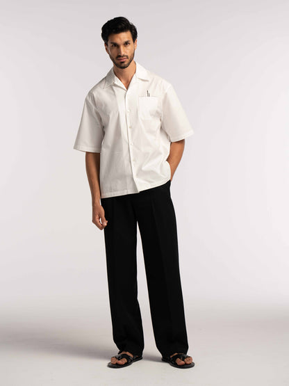 Oversized Bowling Shirt with Chest Logo in White - Lewis James 