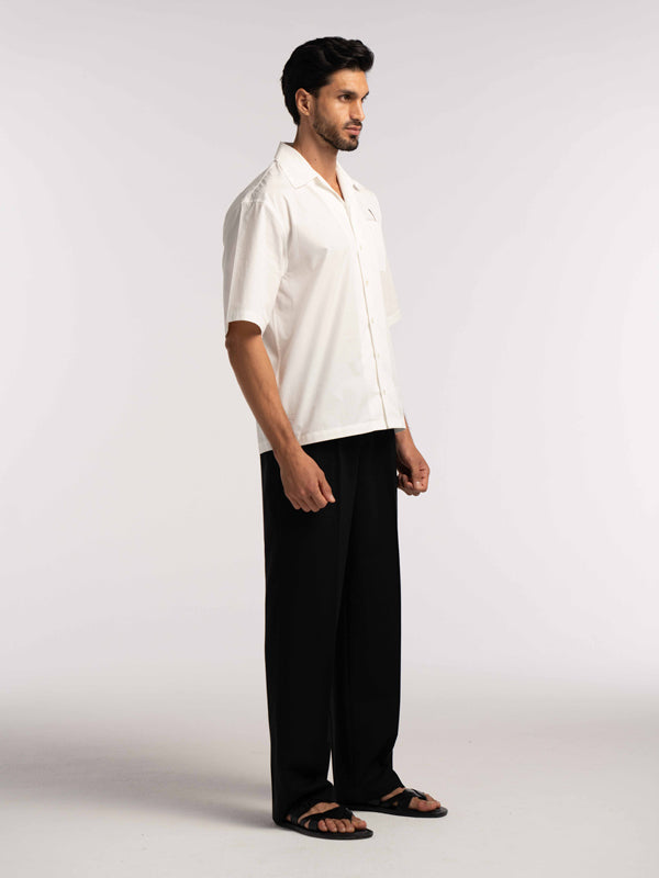 Oversized Bowling Shirt with Chest Logo in White - Lewis James 