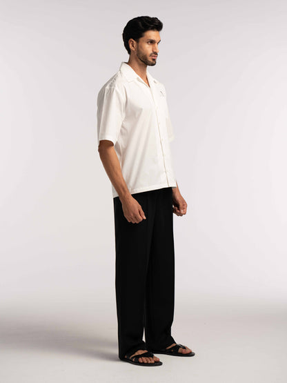Oversized Bowling Shirt with Chest Logo in White - Lewis James 