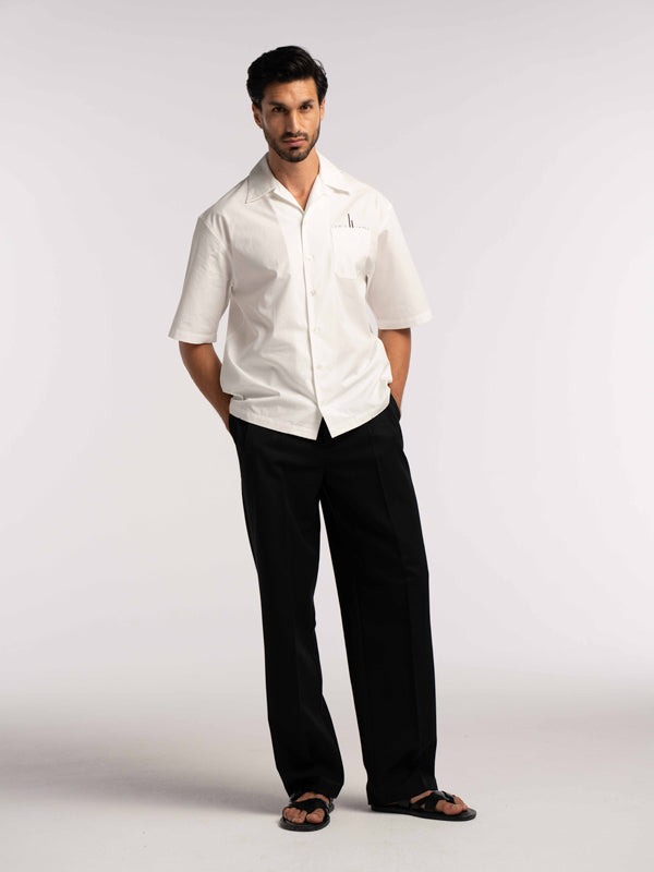 Oversized Bowling Shirt with Chest Logo in White - Lewis James 