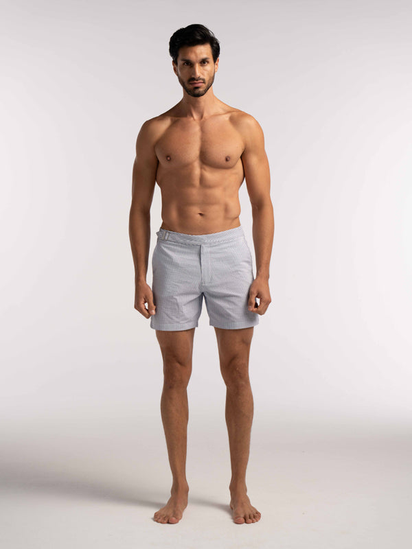 Blue Seersucker Striped Smart Half Elasticated Swimshorts - Lewis James 