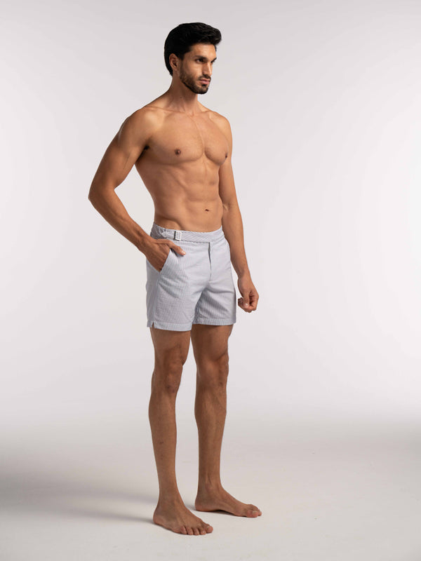Blue Seersucker Striped Smart Half Elasticated Swimshorts